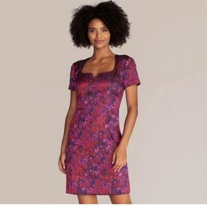 Trina Turk Jacquard Print Blue, Red, Purple, Short Sleeve Mini Dress Size 2